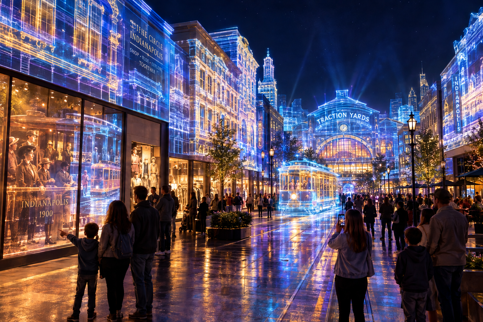 Traction Yards illuminated at night, connecting its historic identity with a contemporary gathering place